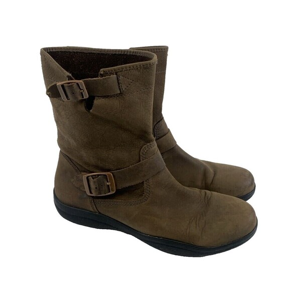 Columbia Leather Moto Boots Pull On Mid Brown Soft Buckle Round Toe Womens 10 - Picture 1 of 12